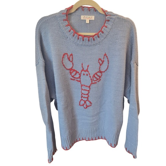 Sweet Generis Sweaters - Women Lobster Sweater Pullover Blue Red Chunky Knit Casual Nautical Preppy Large